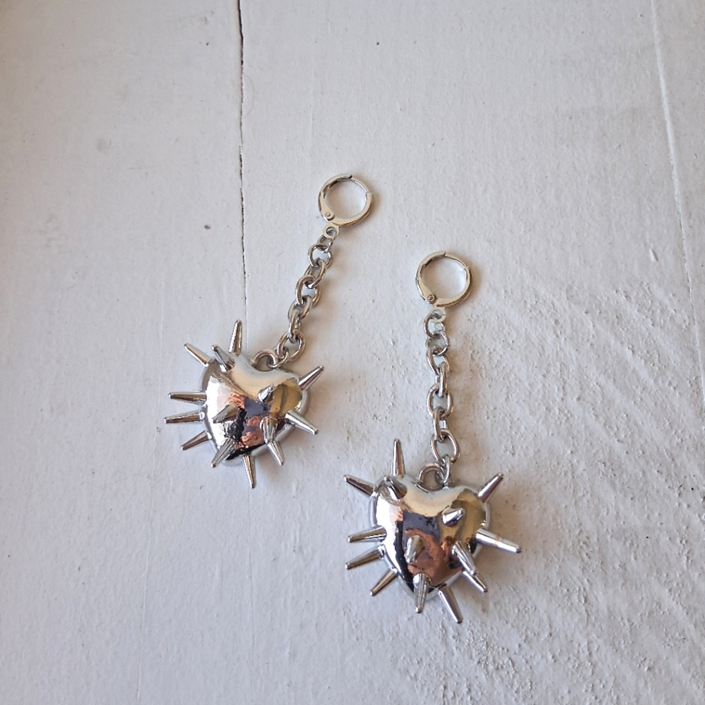 Silver Spiked Heart Dangle Chain Link Earrings